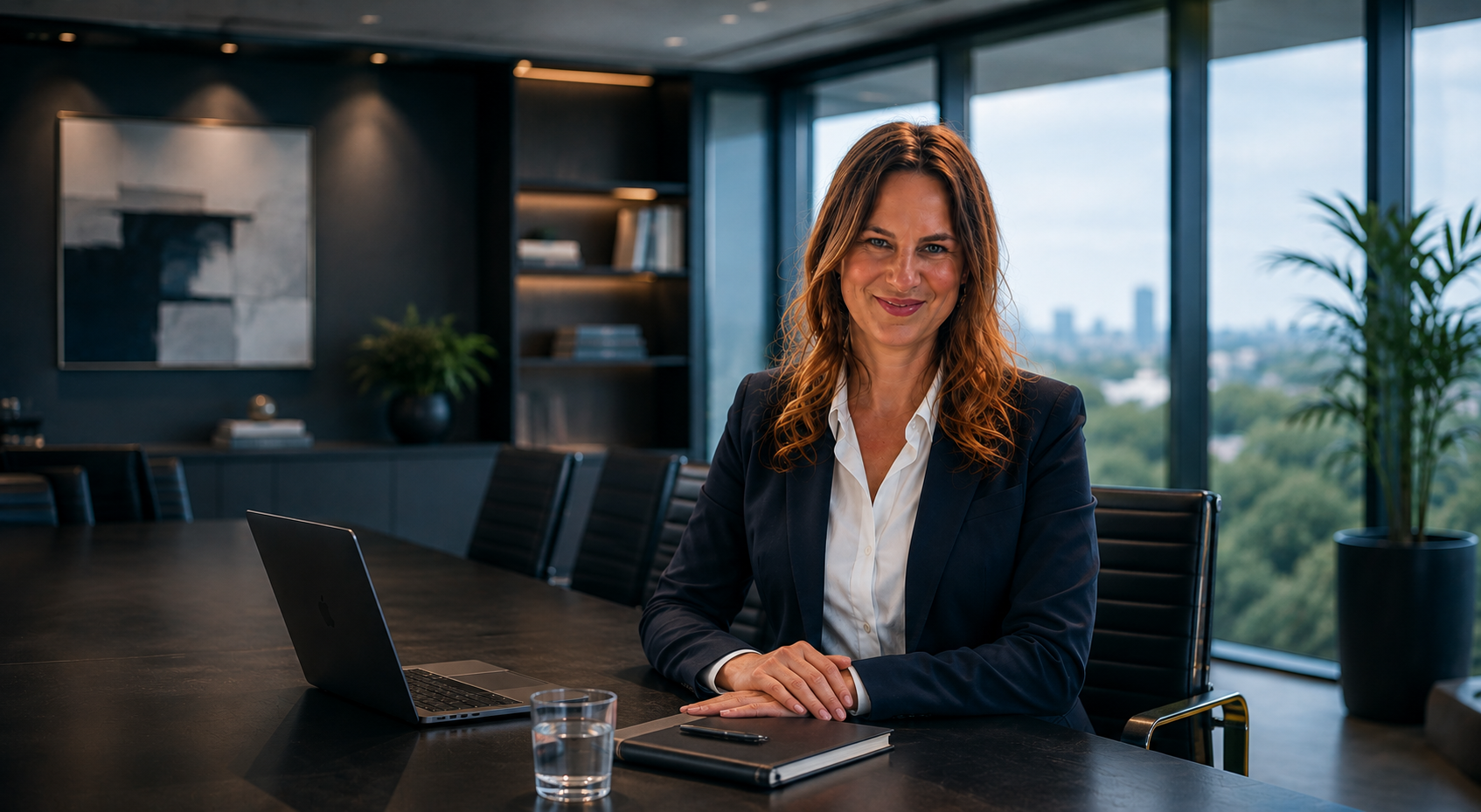 Debbie Dupont in een vergaderzaal met laptop